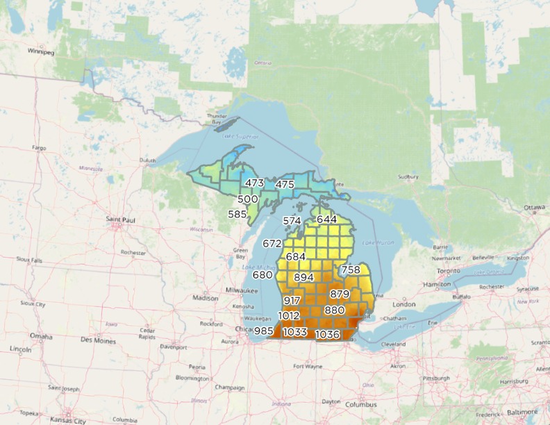 Map of Michigan showing cumulative growing degree days.